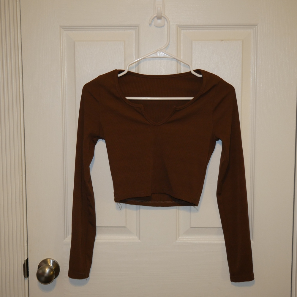 Brown Fitted Bodysuit with Scoop Neck and Long Sleeves